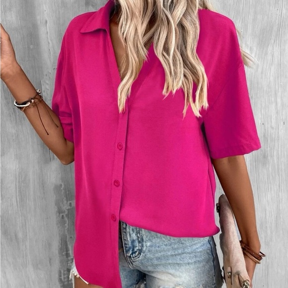 New hot pink button down short sleeve top - Picture 2 of 8